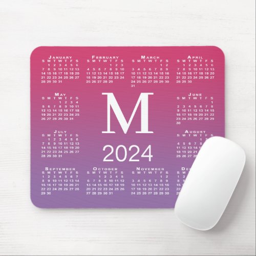 2024 Calendar Monogram on Pink to Purple Gradient Mouse Pad