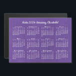 2024 Calendar Motivation Custom Name Purple Magnet<br><div class="desc">Stylish magnet card features a white 2024 calendar superimposed over photograph of purple linen with a motivational message at the top. It reads, "Make 2024 Amazing, [NAME]" in a cool white script font. Personalize it with your own name and inspiring message in the sidebar. (Changing the 2024 year text will...</div>