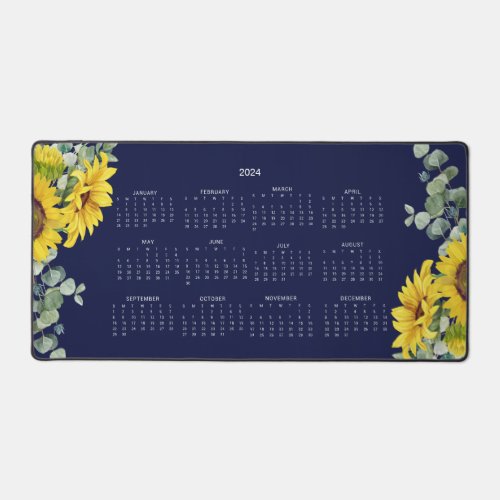 2024 Calendar Navy Blue Sunflowers Eucalyptus Desk Mat