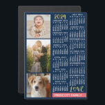2024 Calendar Navy Coral Gold Custom Photo Collage Magnetic Invitation<br><div class="desc">Celebrate 2024 with this preppy photo collage calendar magnetic card. With easy-to-read dates in bold white, this beautifully simple calendar has the words "2024" and "LOVE" in faux gold glitter with a bright coral pink bar along the bottom for your personalized family name or other text. The background is navy...</div>