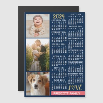 2024 Calendar Navy Coral Gold Custom Photo Collage Magnetic Invitation by FancyCelebration at Zazzle