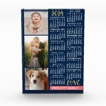 2024 Calendar Navy Coral Gold Family Photo Collage Acrylic Award by FancyCelebration at Zazzle