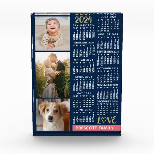 2024 Calendar Navy Coral Gold Family Photo Collage Acrylic Award