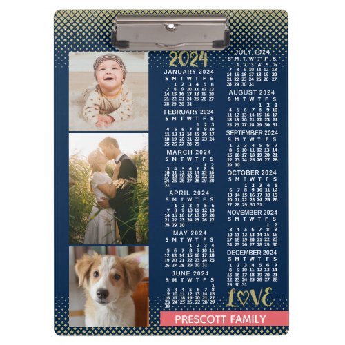 2024 Calendar Navy Coral Gold Family Photo Collage Clipboard