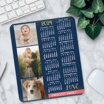 2024 Calendar Navy Coral Gold Family Photo Collage Mouse Pad by FancyCelebration at Zazzle