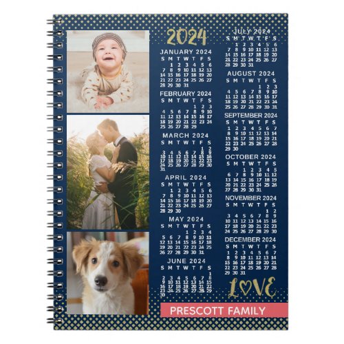 2024 Calendar Navy Coral Gold Family Photo Collage Notebook