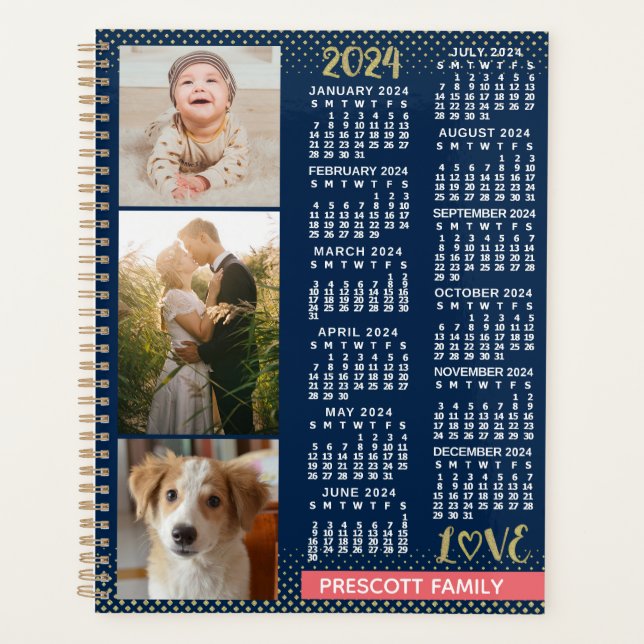 2024 Calendar Navy Coral Gold Family Photo Collage Planner (Front)