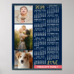 2024 Calendar Navy Coral Gold Family Photo Collage Poster<br><div class="desc">Celebrate 2024 with this preppy photo collage calendar. With easy-to-read dates in bold white, this beautifully simple calendar has the words "2024" and "LOVE" in faux gold glitter with a bright coral pink bar along the bottom for your personalized family name or other text. The background is navy blue. Vertically...</div>