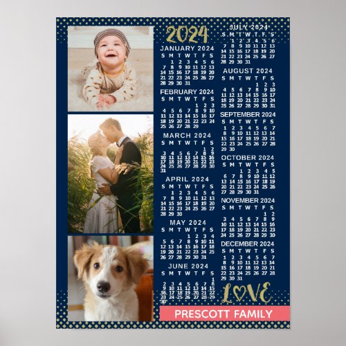 2024 Calendar Navy Coral Gold Family Photo Collage Poster