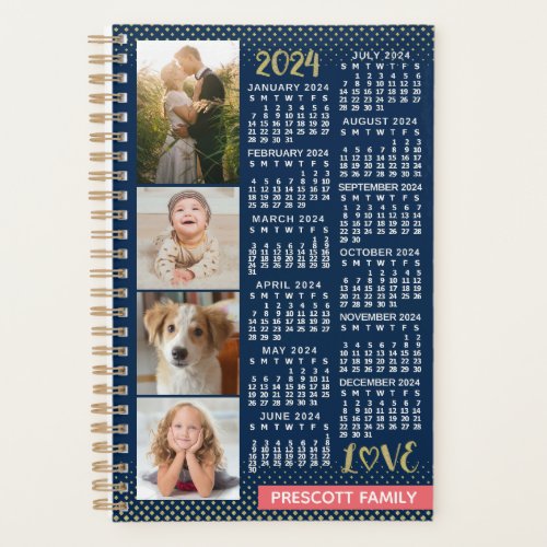 2024 Calendar Navy Coral Gold Photo Collage Small Planner