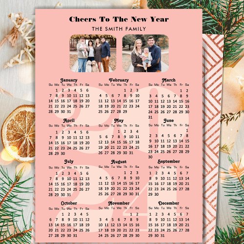 2024 Calendar New Year Elegant Pink Family 2 Photo Holiday Card