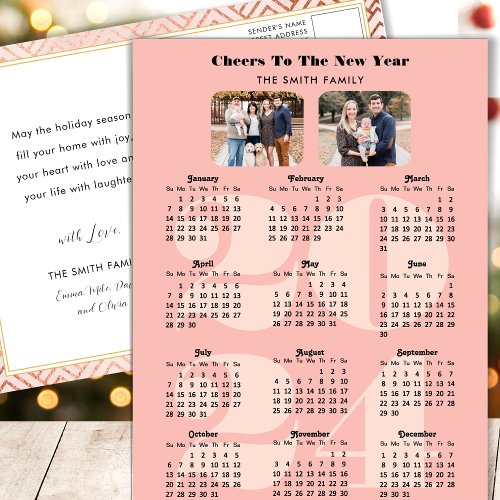 2024 Calendar New Year Elegant Pink Family 2 Photo Holiday Postcard