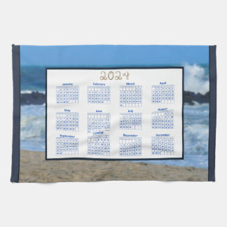 2024 Calendar Ocean Waves Beach Rocks Photo Kitchen Towel