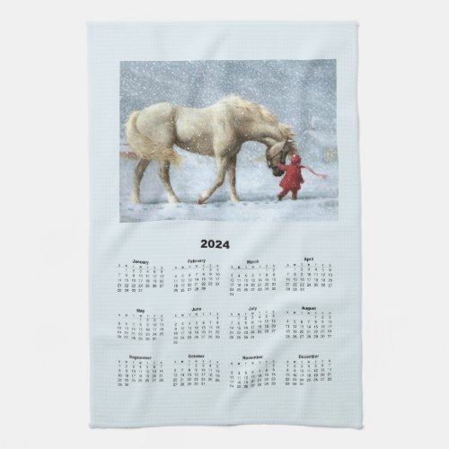 2024 Calendar of a Horse and Girl in Winter Snow Kitchen Towel