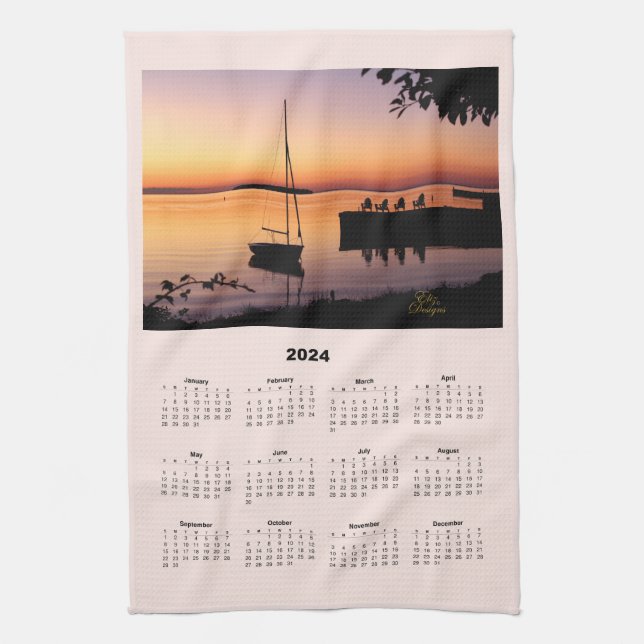 2024 Calendar of a Sunset on Lake with Silhouette  Kitchen Towel (Vertical)
