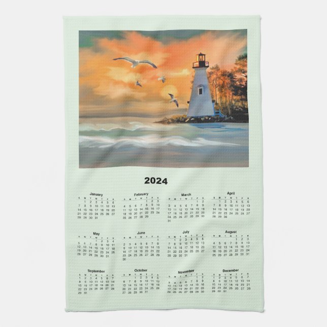 2024 Calendar of a White Lighthouse in Sunset Kitchen Towel (Vertical)