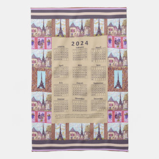 2024 Calendar Paris Eiffel Tower Pointillism Art Kitchen Towel