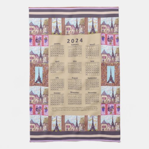 2024 Calendar Paris Eiffel Tower Pointillism Art Kitchen Towel