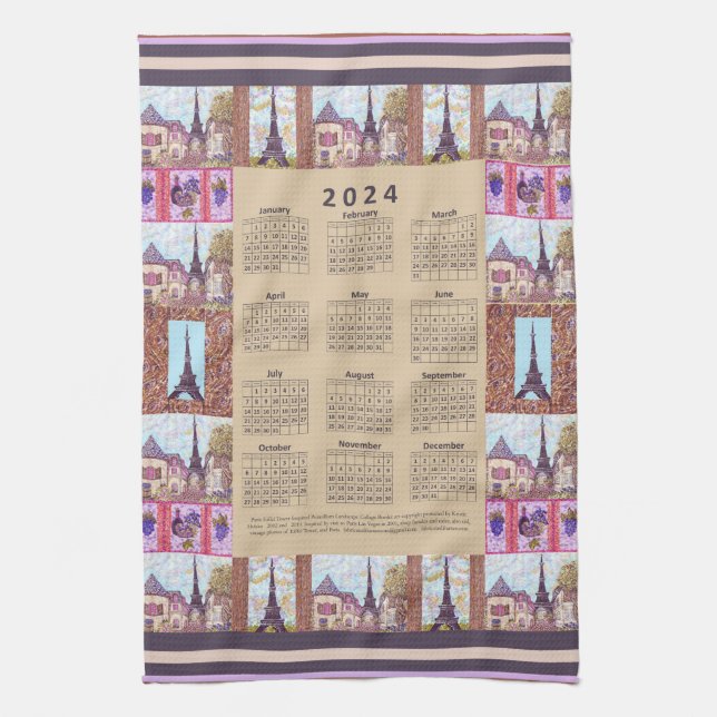 2024 Calendar Paris Eiffel Tower Pointillism Art Kitchen Towel (Vertical)