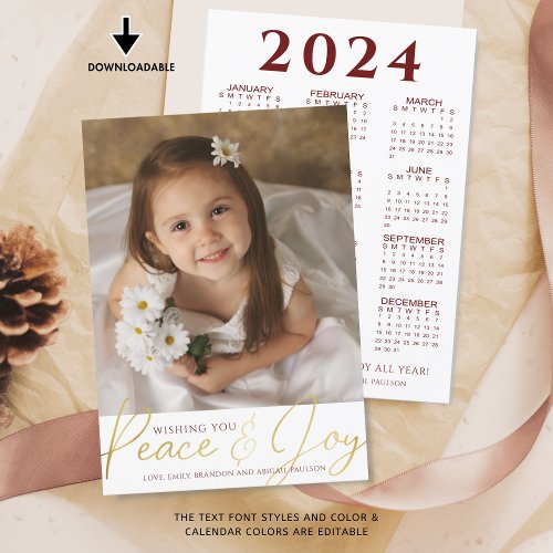 2024 Calendar PEACE  JOY Photo Custom Color Holiday Card