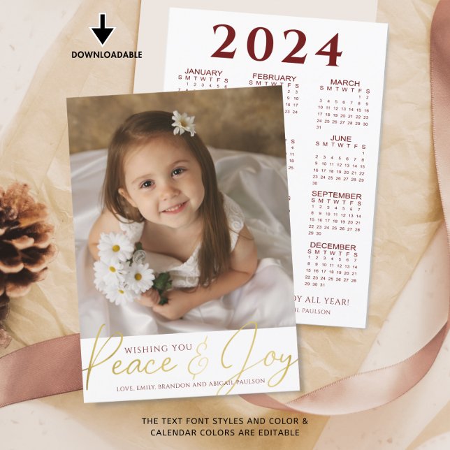 2024 Calendar PEACE & JOY Photo Custom Color Holiday Card (Creator Uploaded)