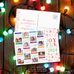 2024 Calendar Photo Collage Christmas & New Year Postcard<br><div class="desc">Combine a useful 2024 year-at-a-glance calendar postcard with JOYFUL WISHES FOR 2024 featuring 12 pictures in a bright, cheerful year-round color scheme on the front and an editable greeting on the back in your choice of font styles, color and size. ASSISTANCE: For help with design modification or personalization, color change,...</div>
