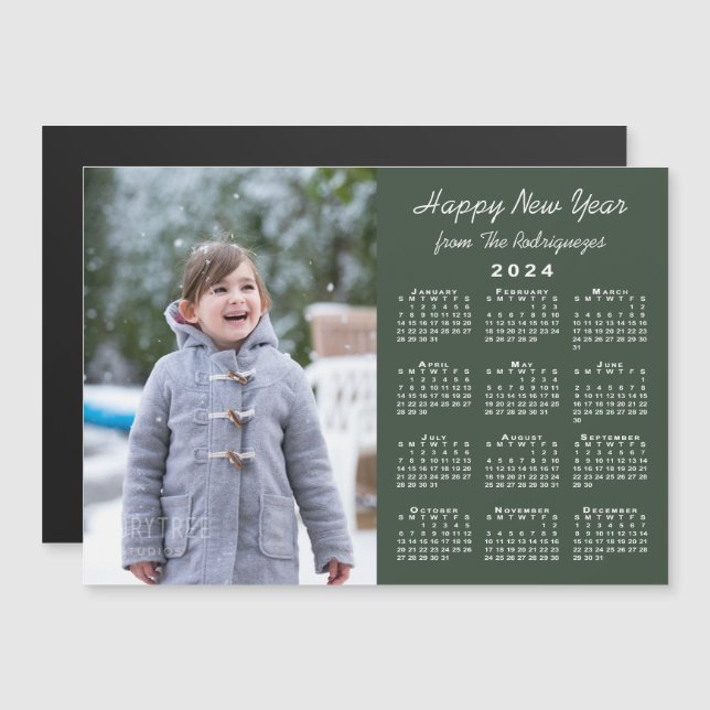 2024 Calendar Photo Happy New Year Green Magnet (Front/Back)