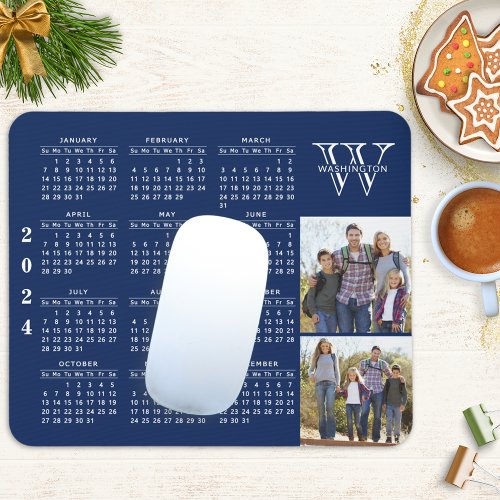 2024 Calendar Photo Navy Blue Monogrammed  Mouse Pad