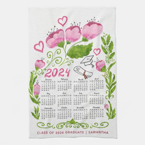 2024 Calendar Pink Class of 2024 Graduate Kitchen Towel