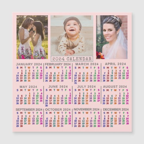 2024 Calendar Pink Family Photo Collage Magnet