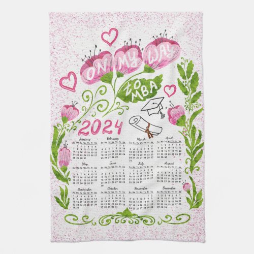 2024 Calendar Pink Floral MBA Student Kitchen Towel