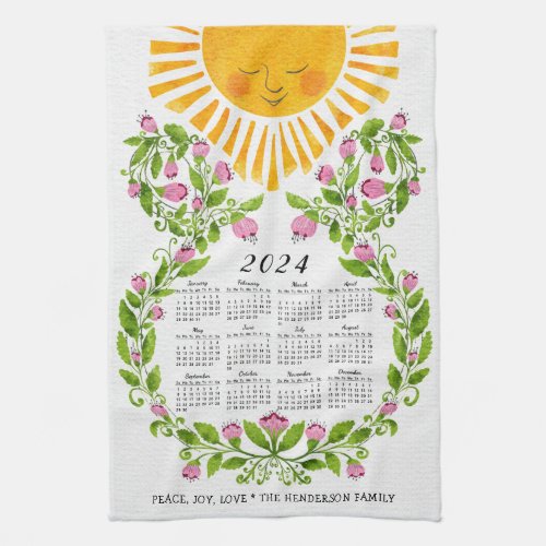 2024 Calendar Pink Flowers Cute Sun Floral Kitchen Towel