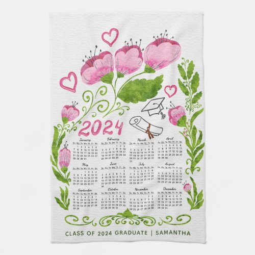 2024 Calendar Pink Green Class of 2024 Graduate Kitchen Towel