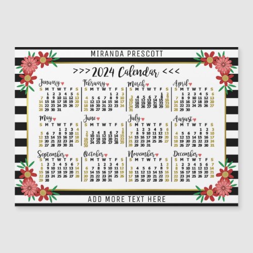 2024 Calendar Preppy Floral Stripes Custom Magnet