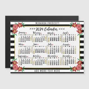 2024 Calendar Preppy Floral Stripes Custom Name Magnetic Invitation