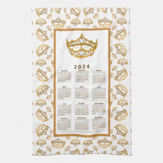 2024 Calendar Queen of Hearts Gold Crown Tiaras Kitchen Towel (Vertical)