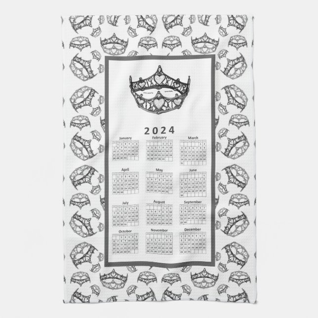 2024 Calendar Queen of Hearts Silver Crown Tiaras Kitchen Towel (Vertical)