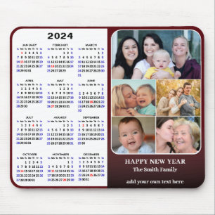 2024 Calendar Red Family Photo Collage US Holidays Mouse Pad