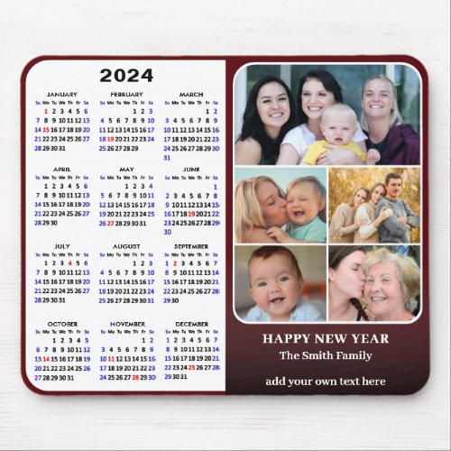 2024 Calendar Red Family Photo Collage US Holidays Mouse Pad