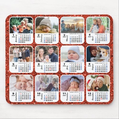 2024 Calendar Red Glitter 12 Family Photo Collage Mouse Pad
