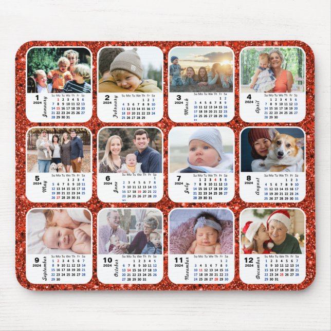 2024 Calendar Red Glitter 12 Family Photo Collage Mouse Pad (Front)