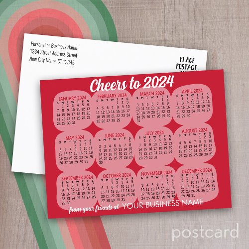 2024 Calendar Red White Business MCM pattern Announcement Postcard