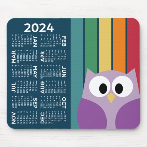 2024 Calendar _ retro stripe pattern colorful owl Mouse Pad