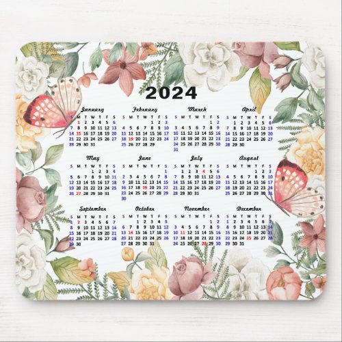 2024 Calendar Rose Floral Greenery Pink Butterfly Mouse Pad