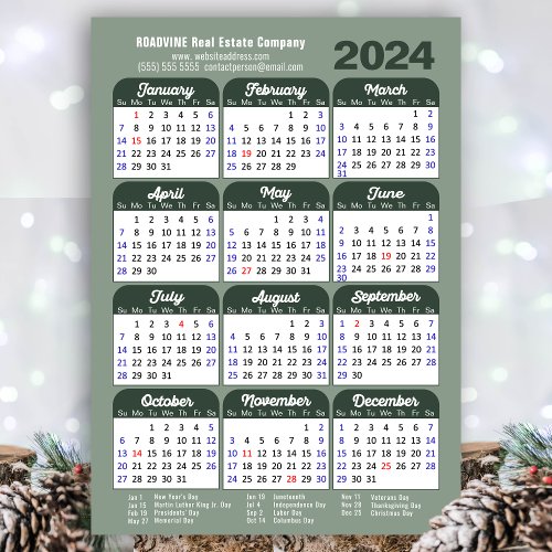 2024 Calendar Sage Green Simple Business Magnetic