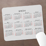 2024 Calendar Simple Gray Black Red Mouse Pad<br><div class="desc">Simple, professional calendar mousepad features a modern 2024 calendar with black weekdays and red weekend dates on a light gray background. If you'd like a different color background, tap "Click to customize further" and select a background color in the sidebar. Click "Done" and then "Add to Cart" to purchase your...</div>