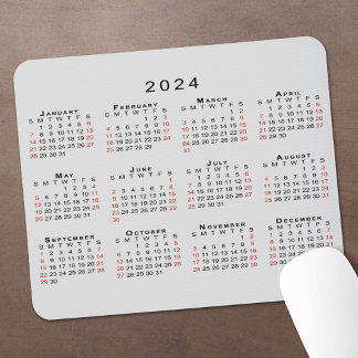 2024 Calendar Simple Gray Black Red Mouse Pad