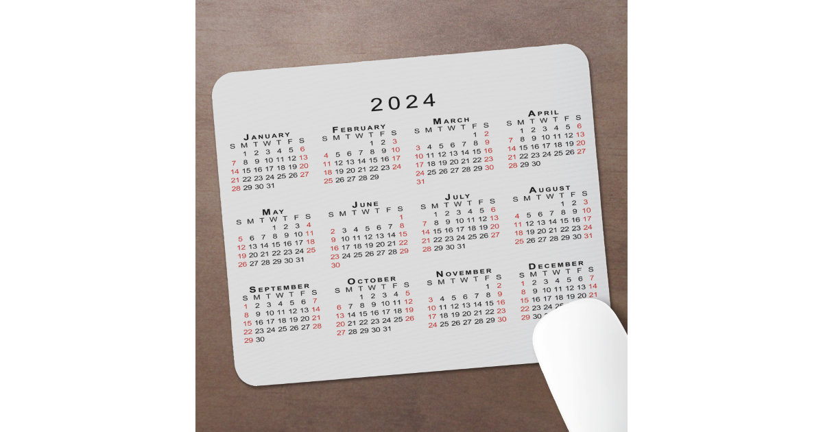 2024 Calendar Simple Gray Black Red Mouse Pad | Zazzle
