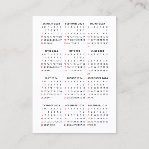 2024 Calendar SUNDAY Vertical Promotional Tool Business Card