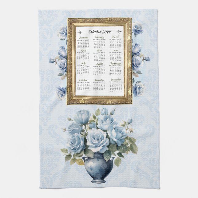 2024 Calendar Towel Blue Rose Kitchen Towel (Vertical)